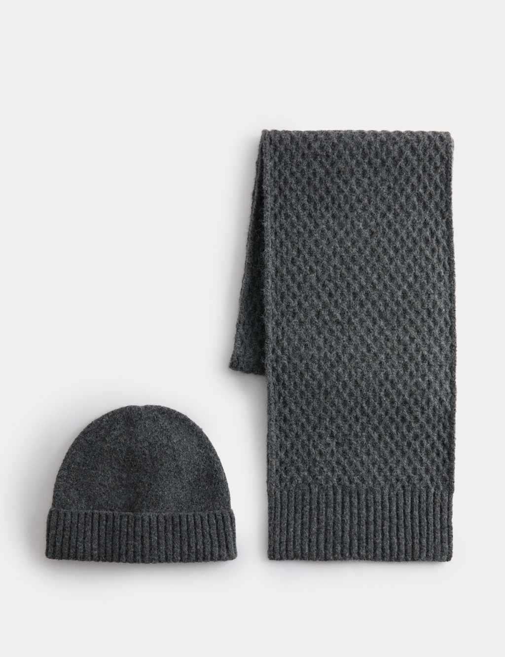 M&S Waffle Knitted Hat & Scarf Set Mid Grey