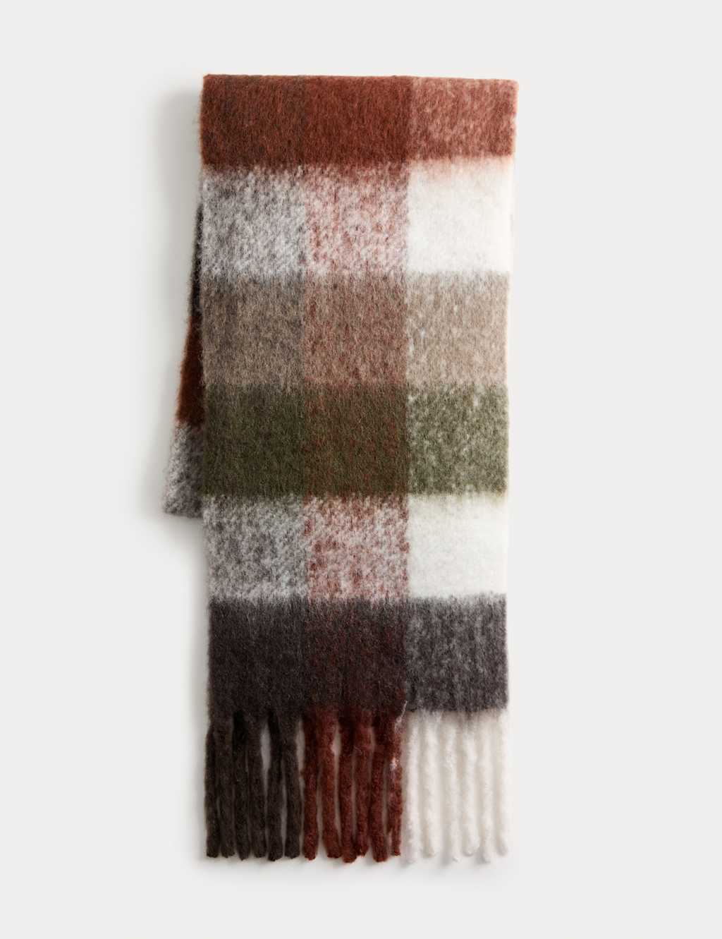 M&S Chunky Gingham Tassel Scarf with Wool Ecru Mix