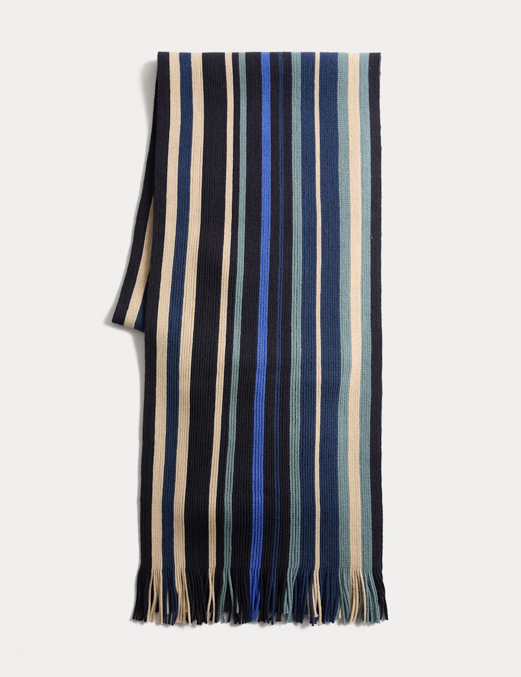 M&S Striped Fringed Knitted Scarf Medium Blue Mix