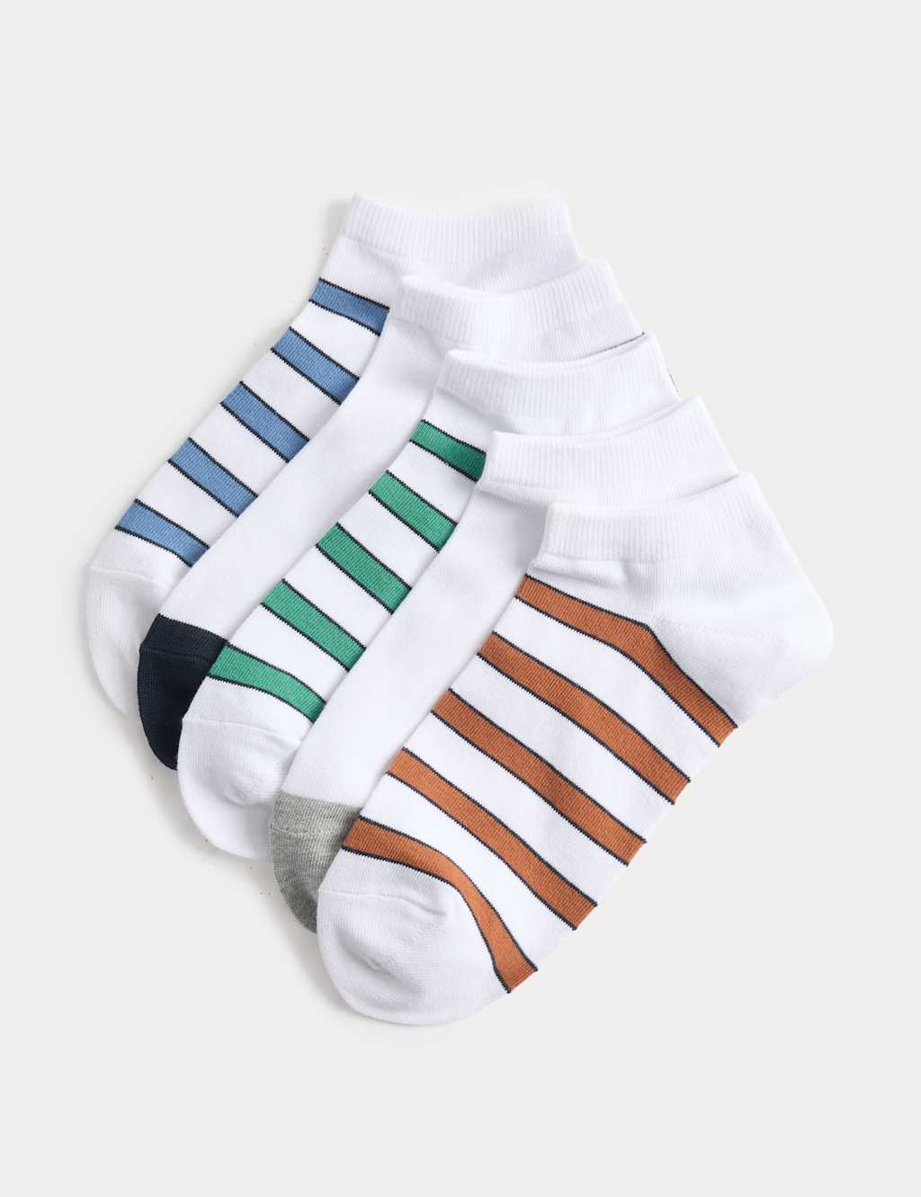 M&S Men's 5 Pack Striped Cool & Fresh Cotton Rich Trainer Liners - 9-12 - White Mix