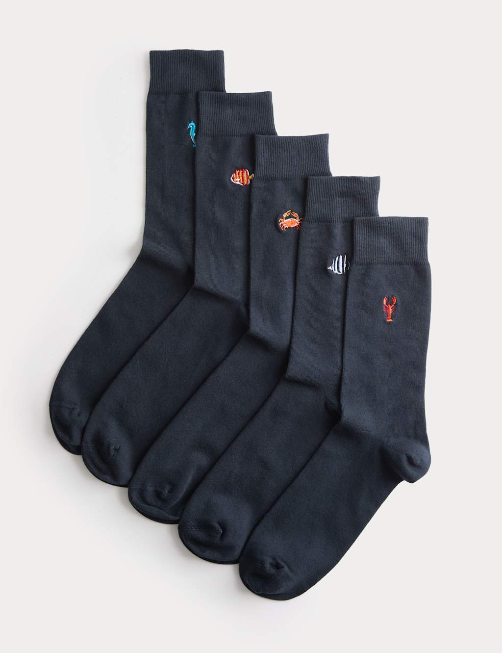 M&S Men's 5 Pack Cool & Fresh Sea Creatures Cotton Rich Socks - 9-12 - Navy Mix