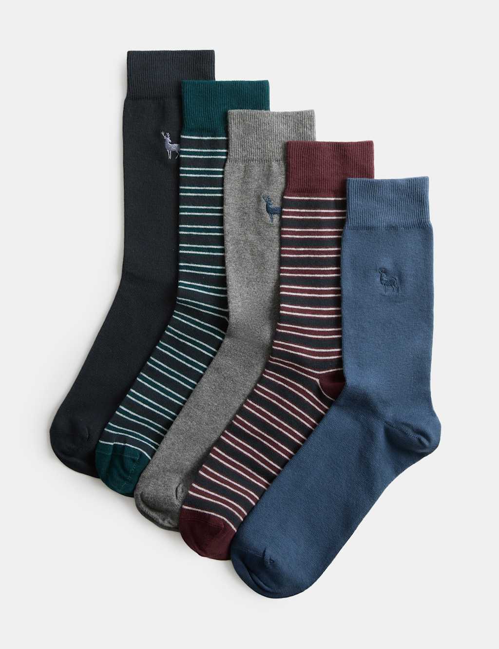 M&S Men's 5 Pack Cool & Fresh Stag Cotton Rich Socks - 9-12 - Multi
