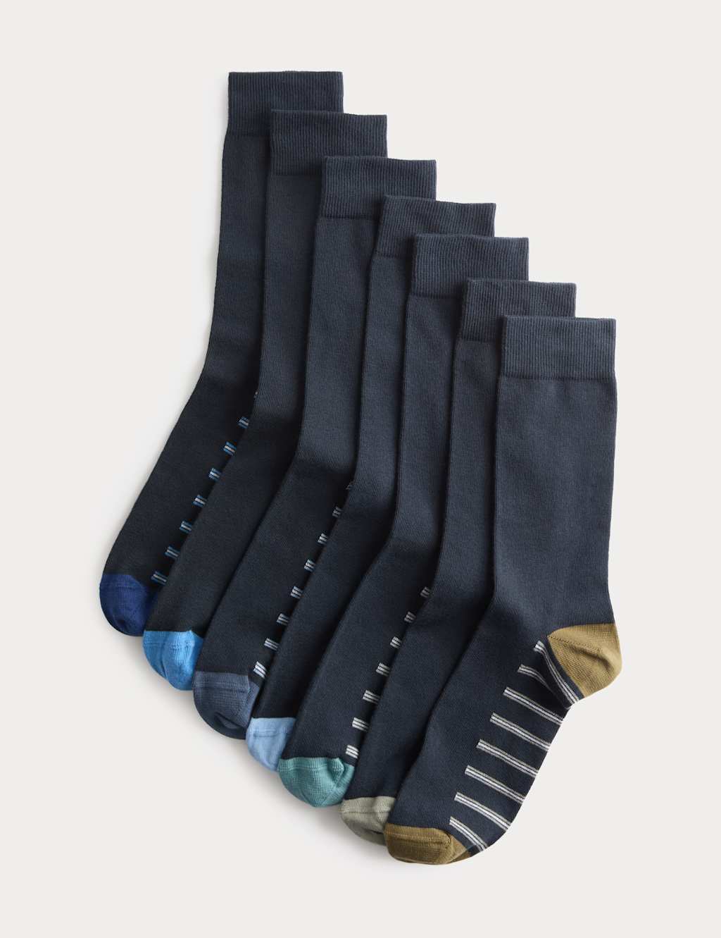 M&S Men's 7 Pack Cool & Fresh Striped Cotton Rich Socks - 12½-14 ½ - Navy Mix