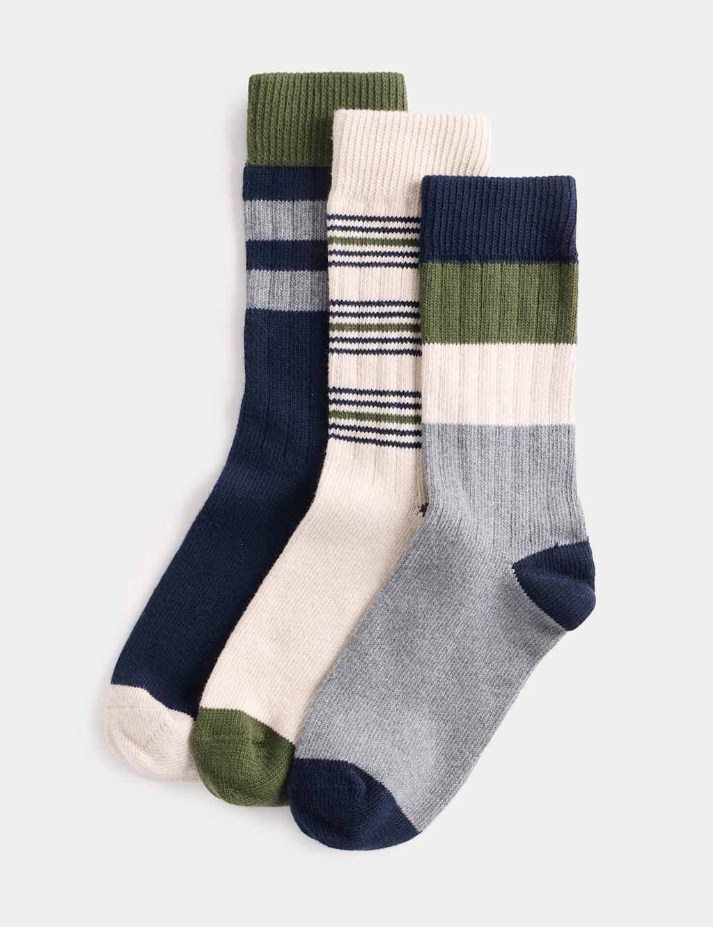M&S 3pk Cotton Rich Striped Boot Socks Green Mix