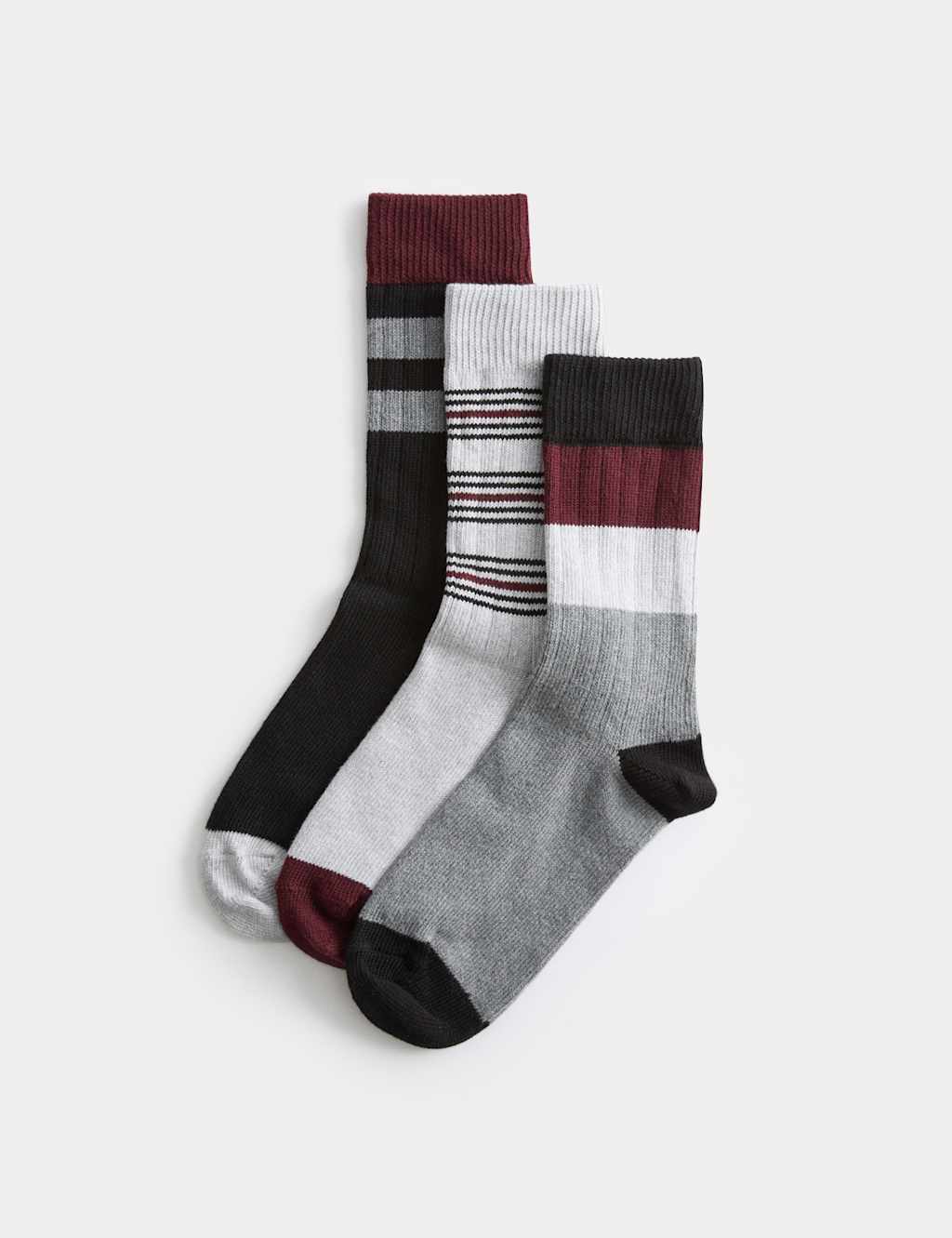 M&S 3pk Cotton Rich Striped Boot Socks Burgundy Mix