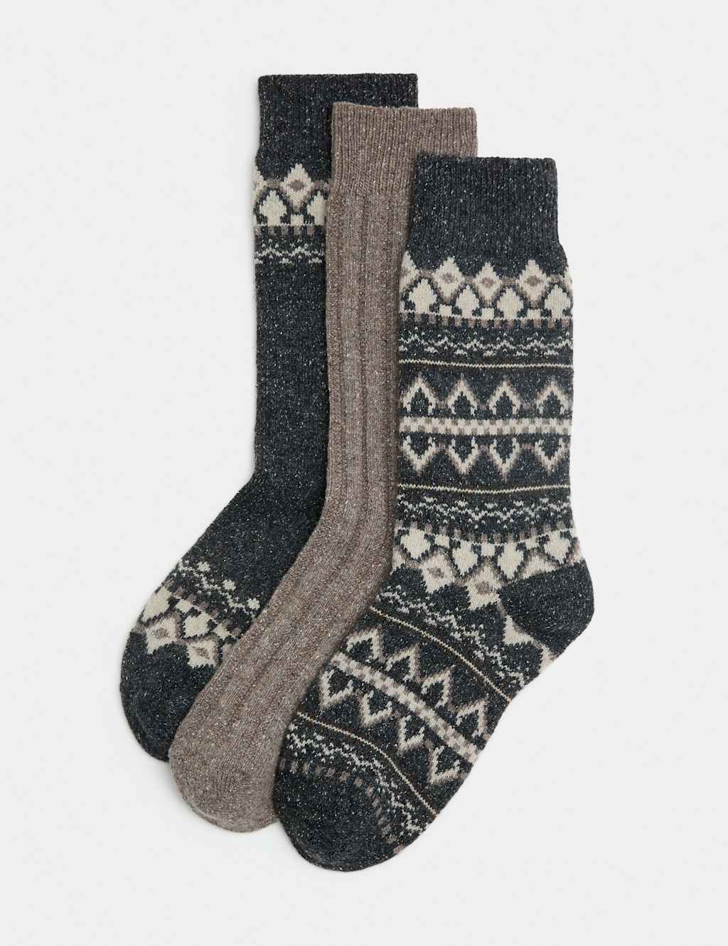 M&S 3pk Fair Isle Wool-Blend Boot Socks with Silk Grey Mix