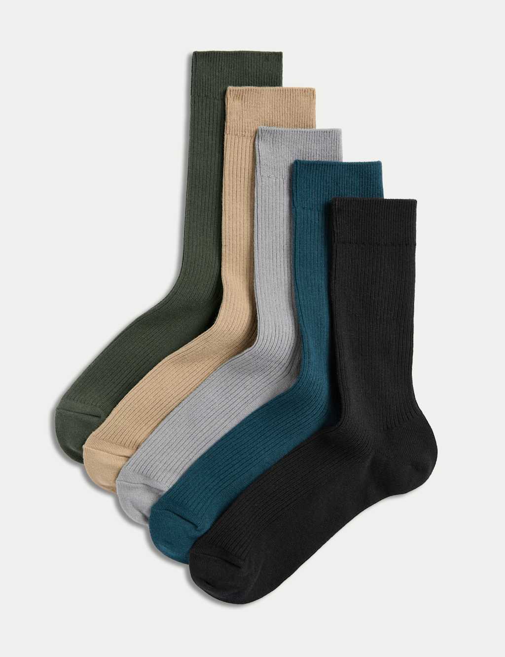 M&S 5pk Cotton Rich Ribbed Socks Green Mix