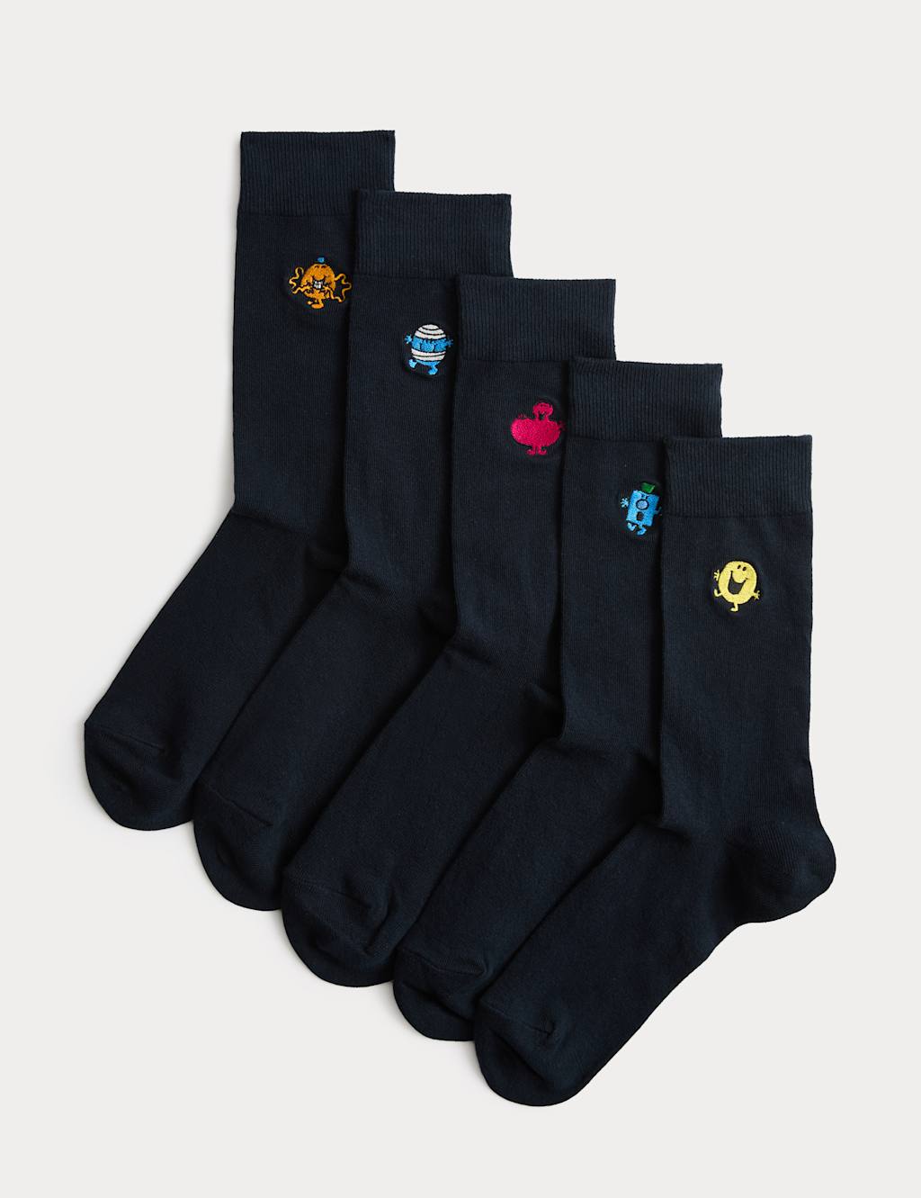M&S Men's 5 Pack Mr Embroidered Cotton Rich Socks - 9-12 - Navy Mix