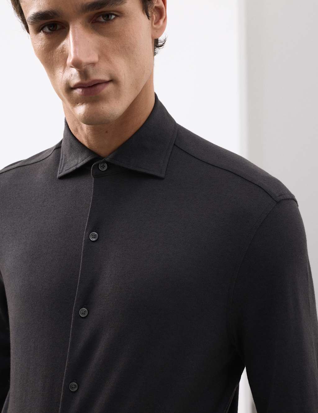 Autograph Tailored Fit Cotton Blend Pique Jersey Shirt Dark Slate