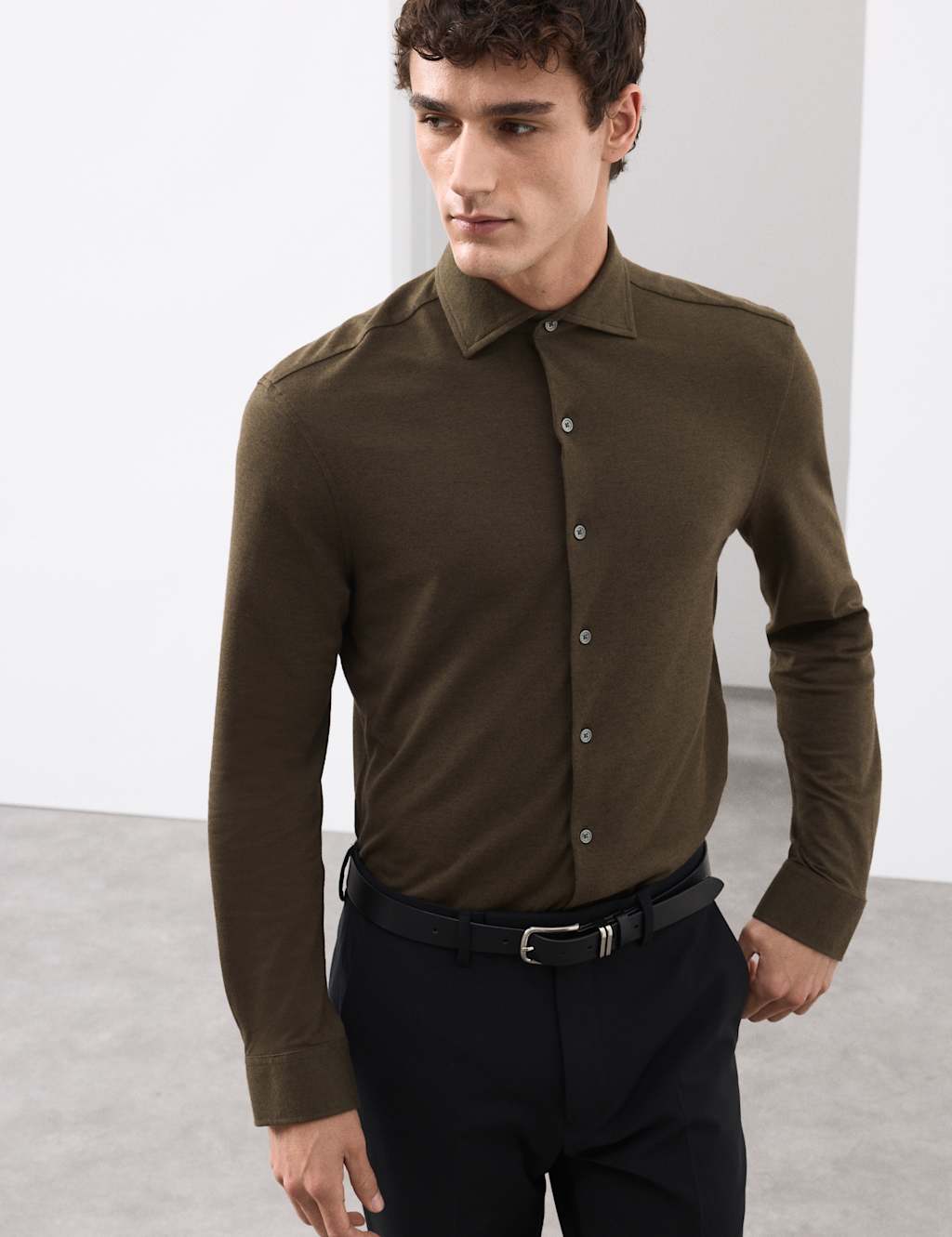 Autograph Tailored Fit Cotton Blend Pique Jersey Shirt Dark Olive