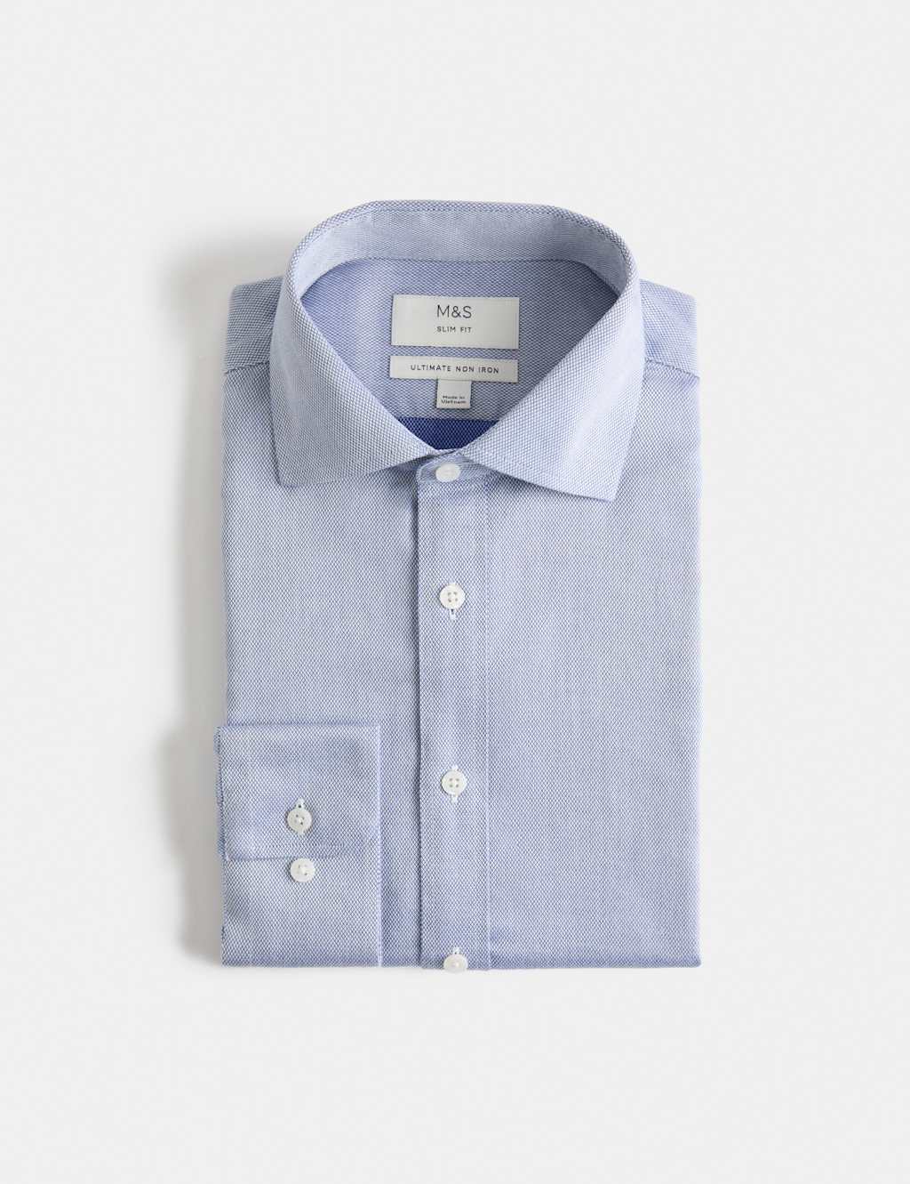 M&S Men's Slim Fit Ultimate Non Iron Pure Cotton Textured Shirt - 15 - Blue