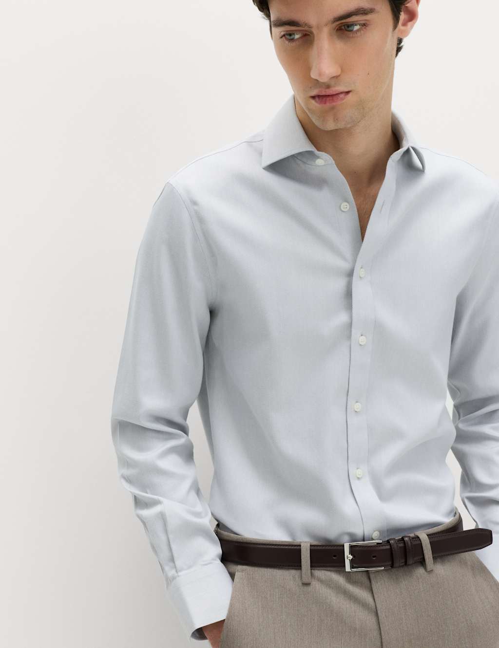 M&S Men's Slim Fit Ultimate Non Iron Pure Cotton Textured Shirt - 16 - Silver Grey