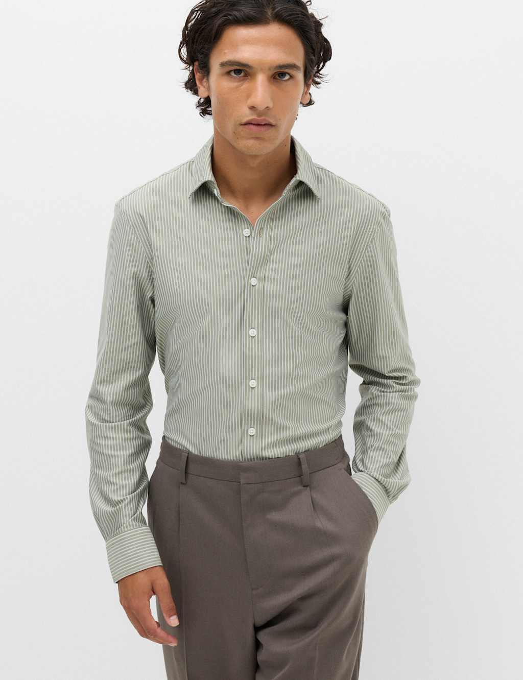 M&S Men's Ultimate Regular Fit Jersey Striped Shirt - 2XL - Green Mix