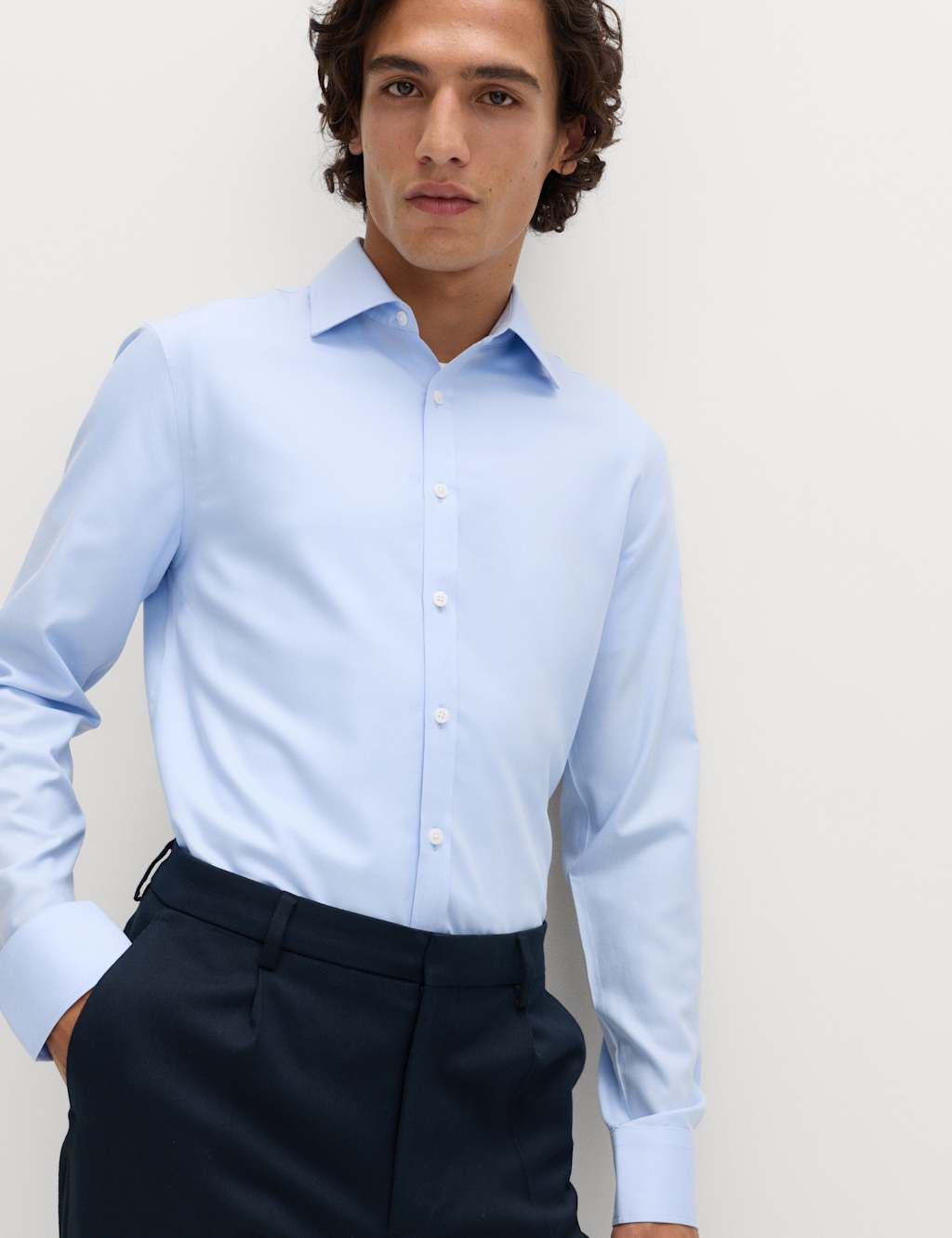 M&S Men's Ultimate Extra Slim Non Iron Pure Cotton Shirt - 17½ - Light Blue