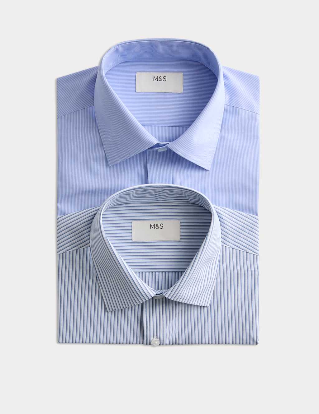 M&S Men's 2 Pack Regular Fit Easy Iron Cotton Blend Shirts - 18 - Blue Mix