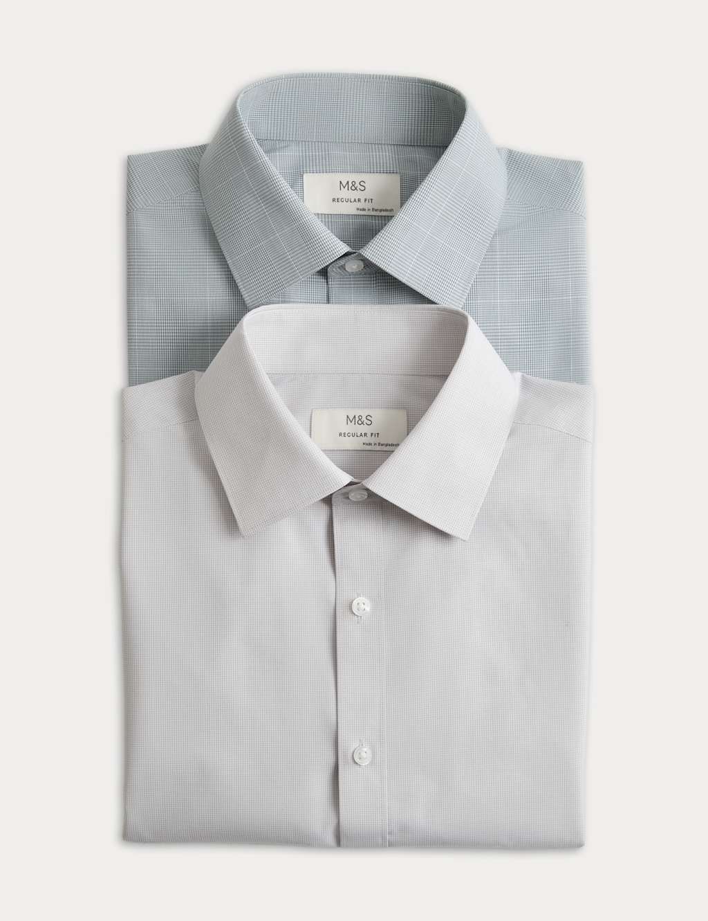 M&S Men's 2 Pack Regular Fit Easy Iron Check Shirts - 15½ - Green Mix