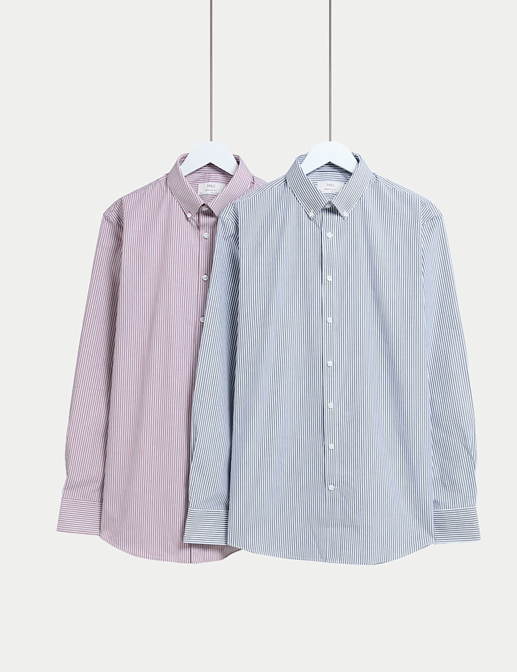 M&S 2 Pack Easy Iron Regular Fit Striped Long Sleeve Shirts Navy Mix