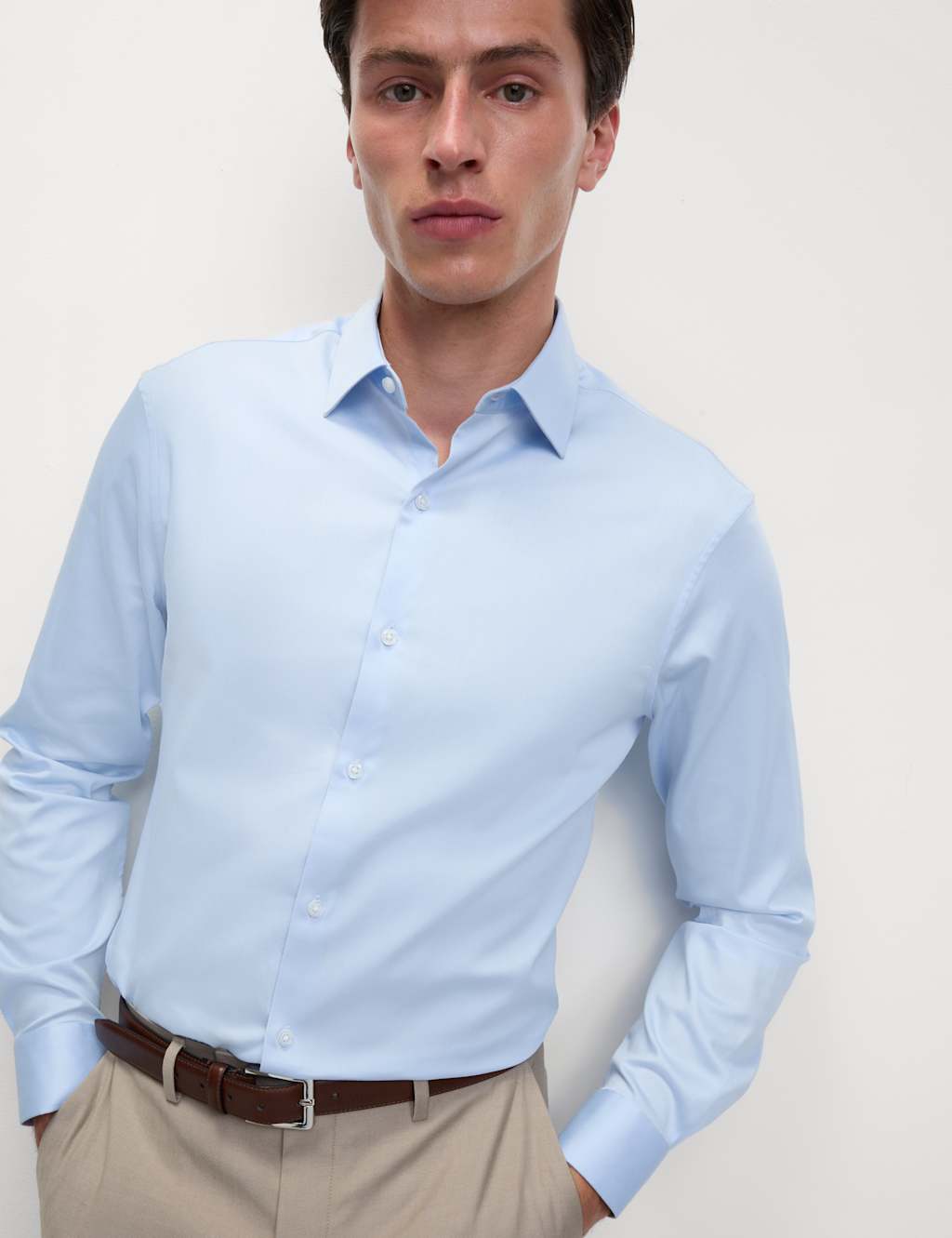 M&S Slim Fit Pure Easy Iron Cotton with Stretch Shirt Blue