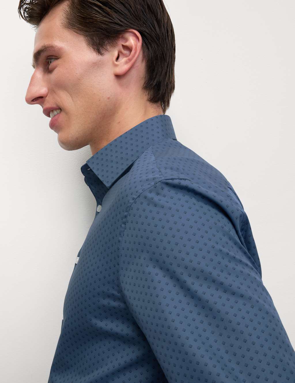 M&S Regular Fit Cotton Blend Printed Shirt Air Force Blue