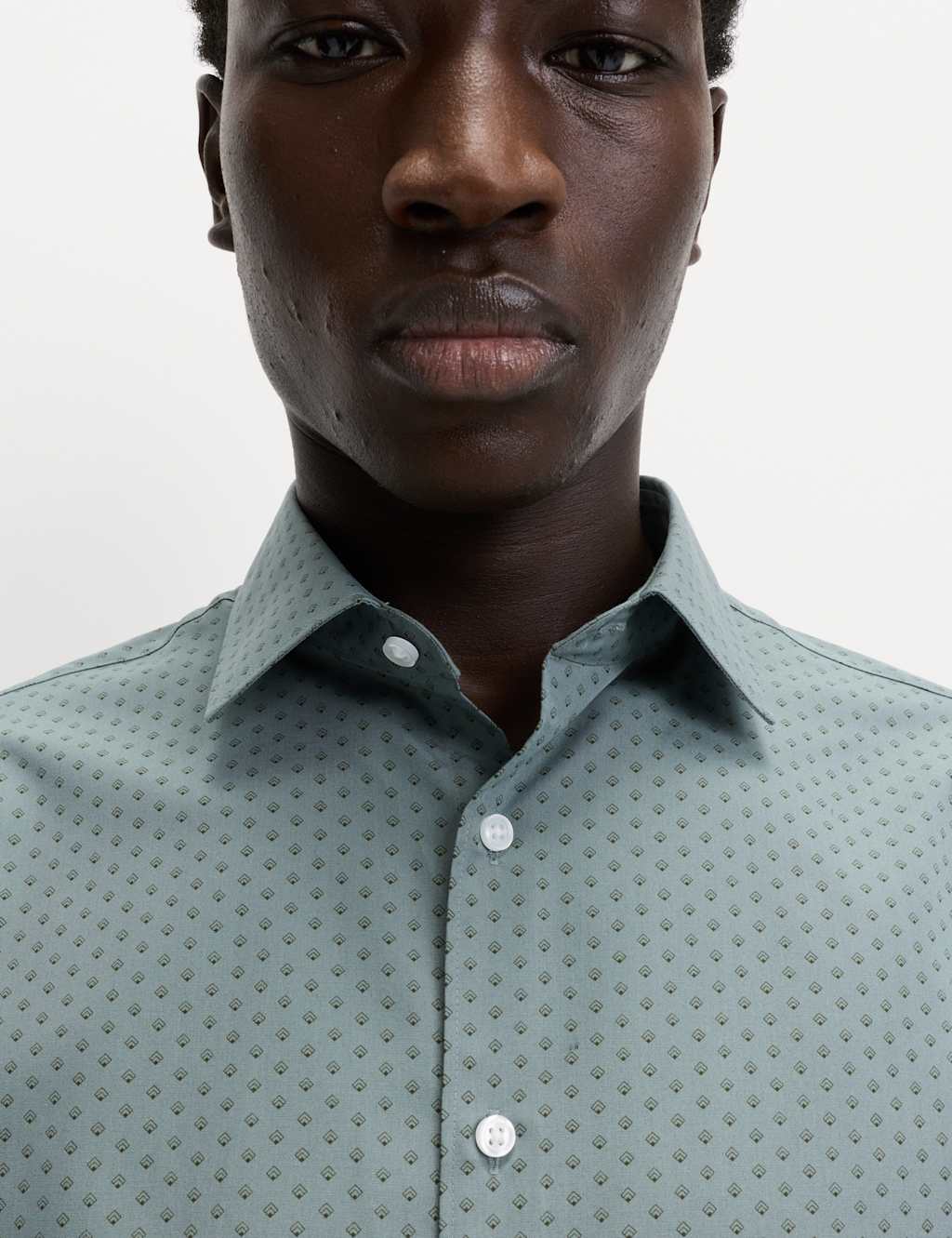M&S Regular Fit Cotton Blend Printed Shirt Dark Sage