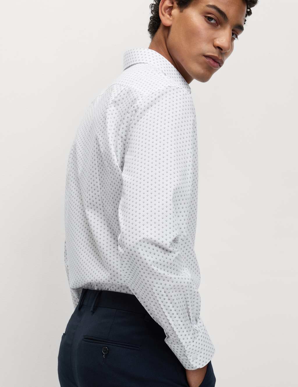 M&S Regular Fit Cotton Blend Printed Shirt White