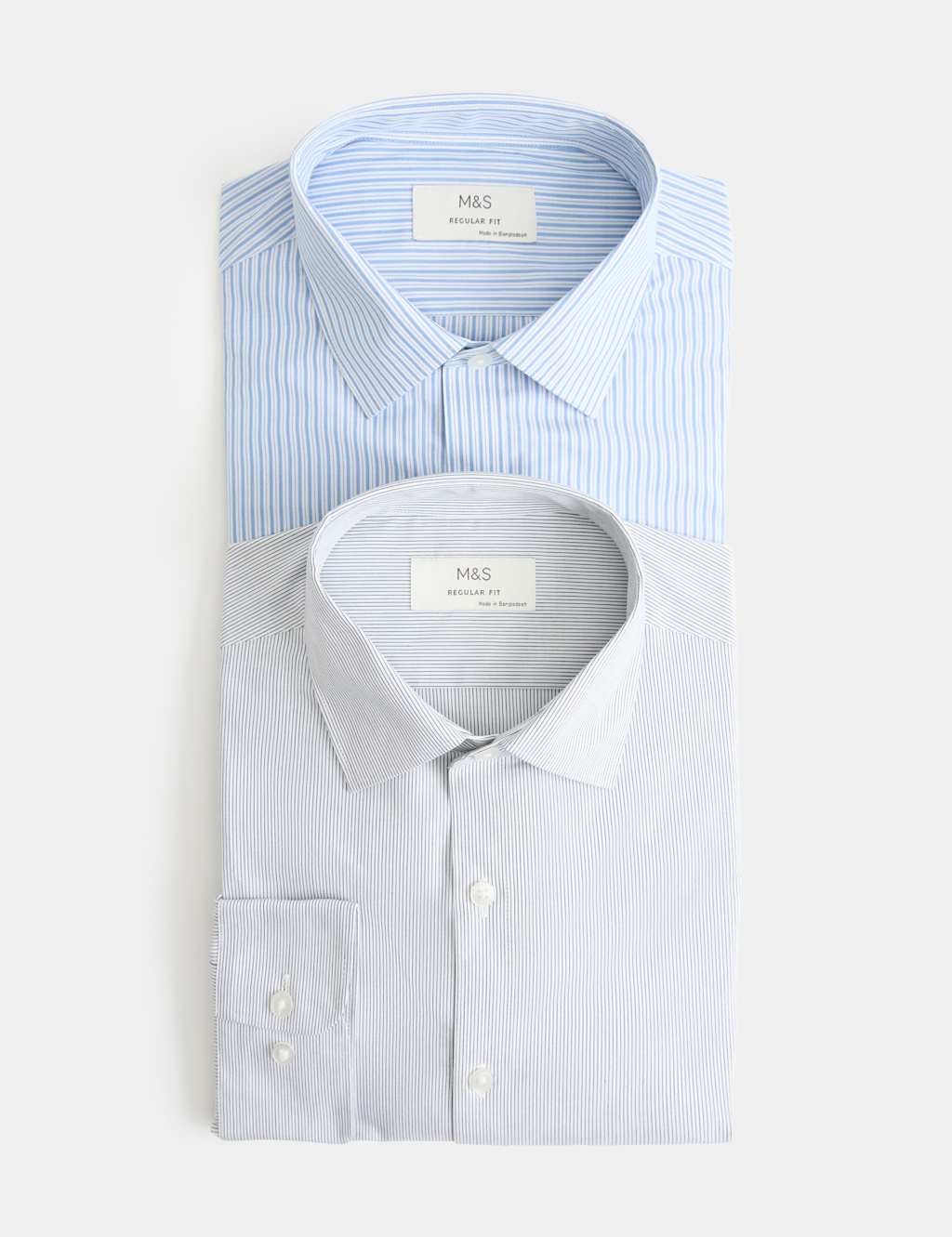 M&S Men's 2 Pack Regular Fit Easy Iron Striped Shirts - 14½ - Blue Mix