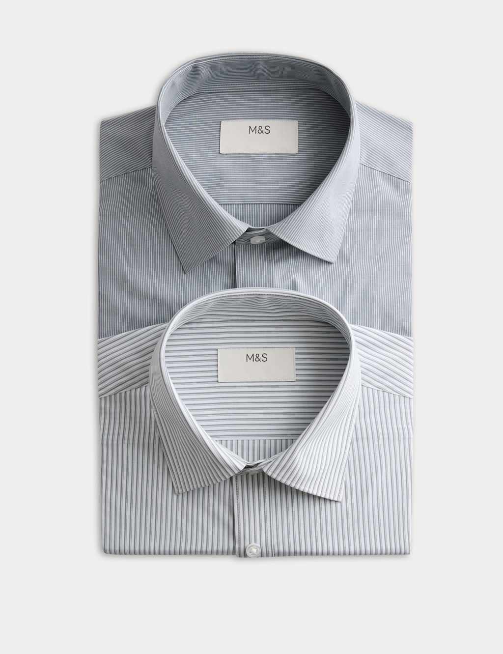 M&S Men's 2 Pack Regular Fit Easy Iron Striped Shirts - 18½ - Green Mix