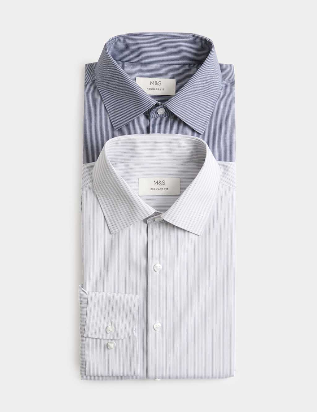 M&S Men's 2 Pack Regular Fit Easy Iron Striped Shirts - 16 - Grey Mix