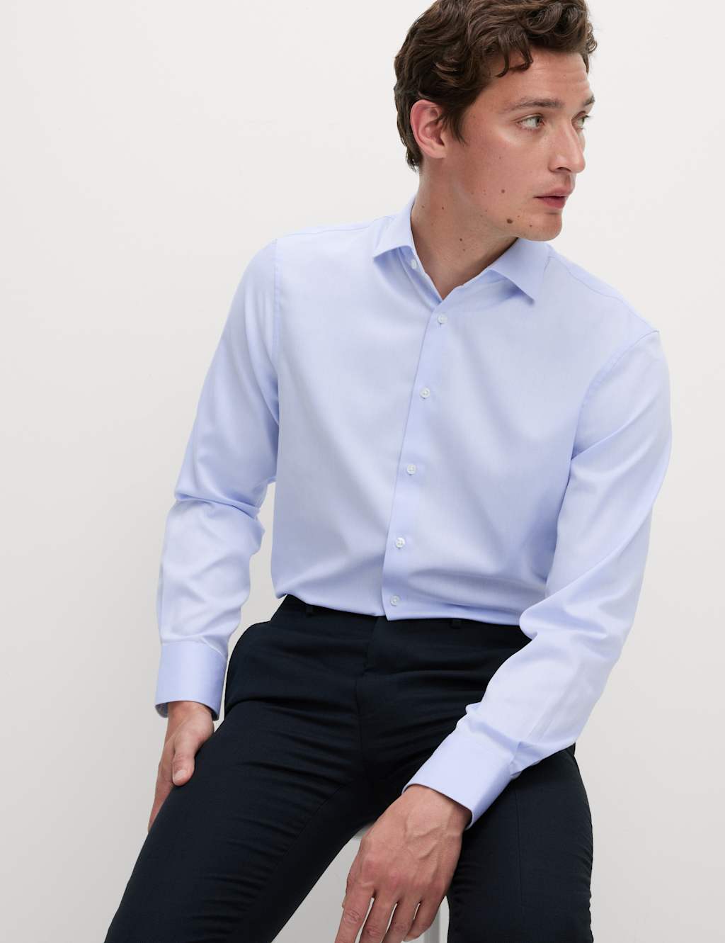 M&S Regular Fit Non Iron Cotton Blend Shirt Blue