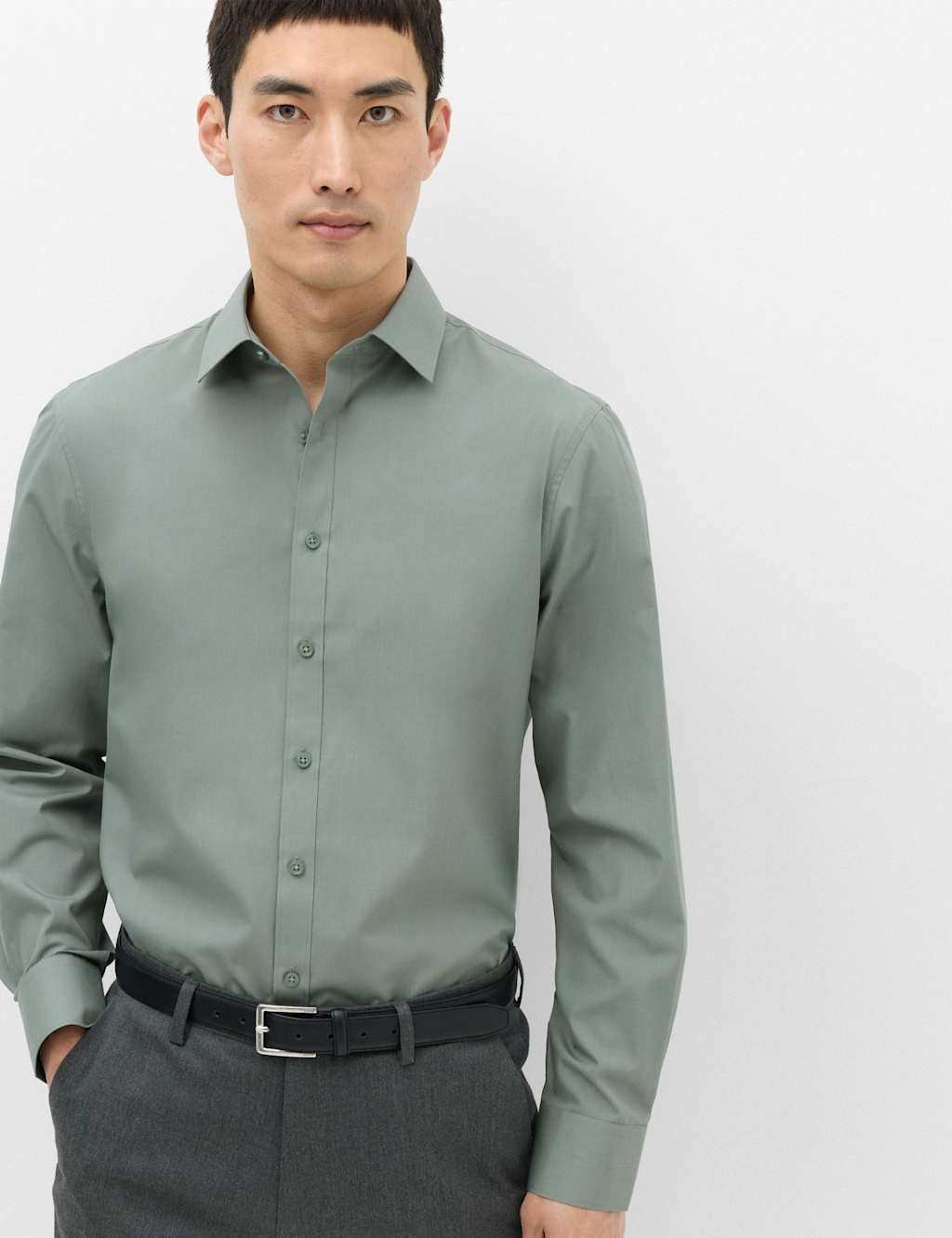 M&S Men's Slim Fit Easy Iron Cotton Blend Shirt - 16 - Dark Sage