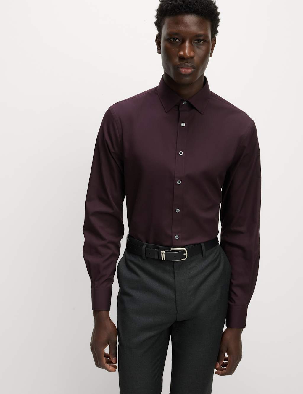 M&S Regular Fit Easy Iron Cotton Blend Shirt Dark Wine
