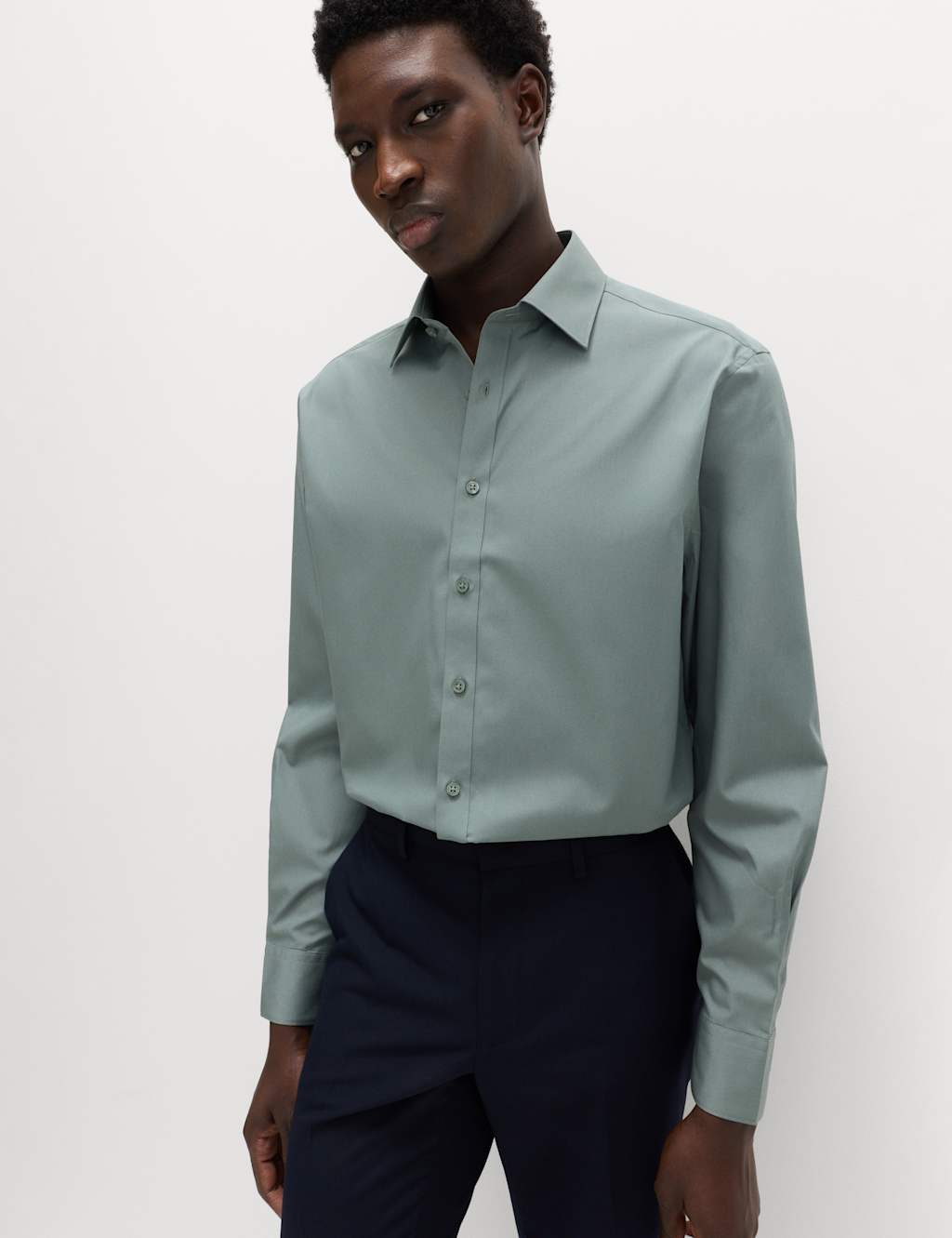 M&S Men's Regular Fit Easy Iron Cotton Blend Shirt - 14½ - Dark Sage