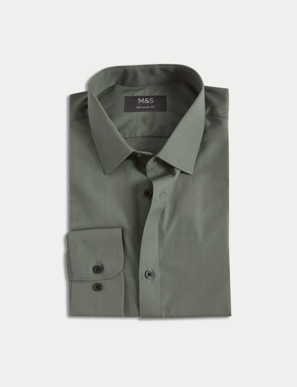 M&S Regular Fit Easy Iron Cotton Blend Shirt Khaki