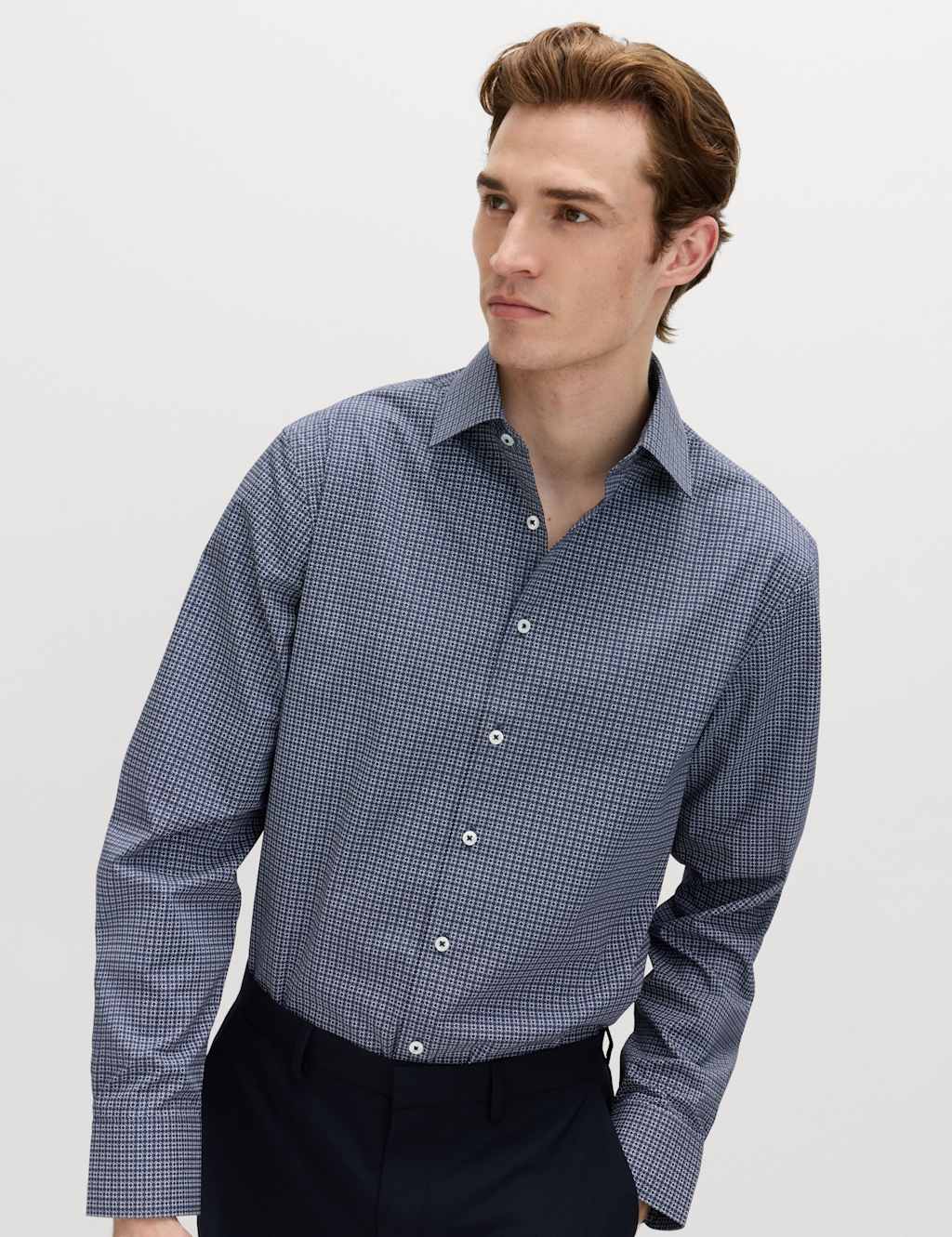 M&S Men's Regular Fit Easy Iron Cotton Blend Shirt - 14½ - Blue Mix