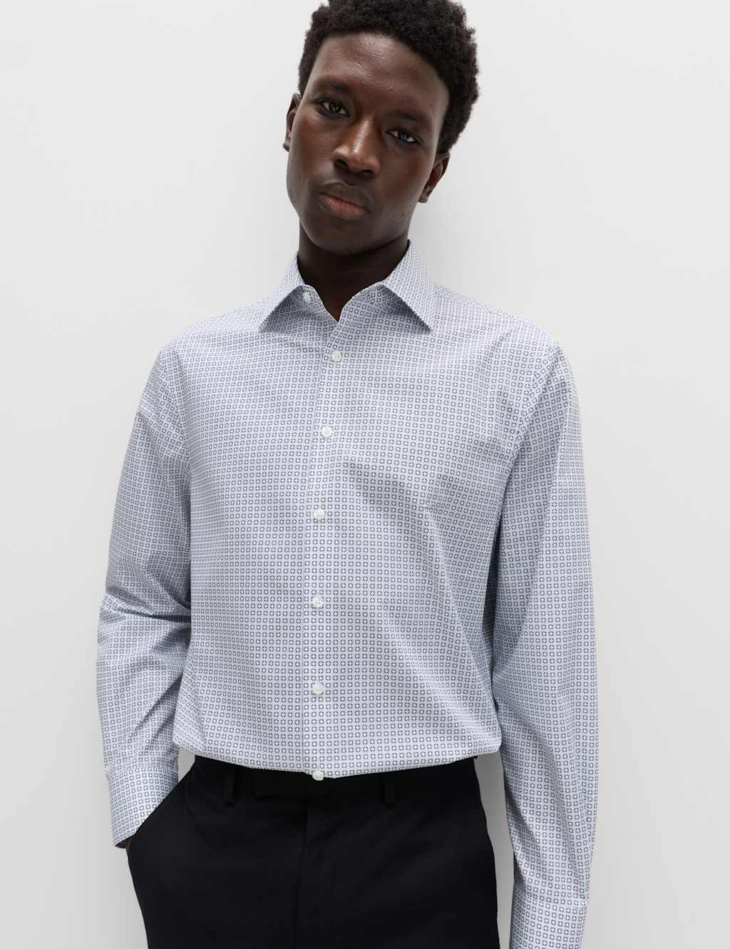 M&S Men's Regular Fit Easy Iron Cotton Blend Shirt - 19 - White Mix