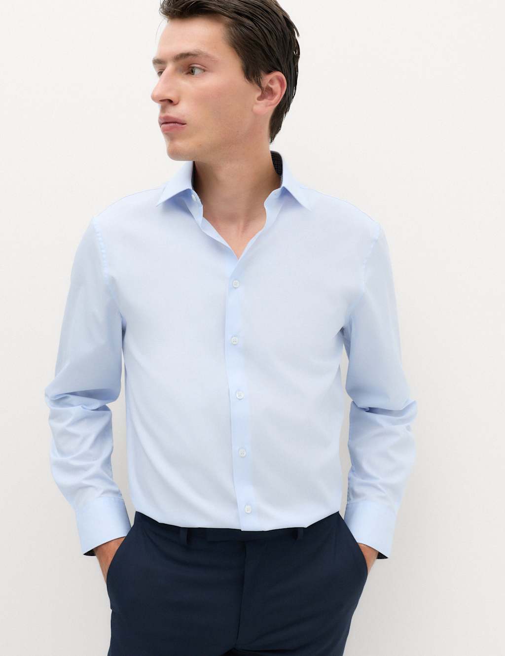 M&S Men's Regular Fit Non Iron Cotton Blend Shirt - 18½ - Blue Mix