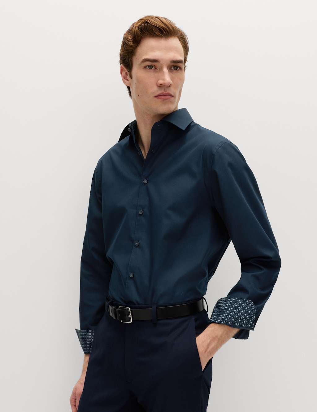 M&S Men's Regular Fit Non Iron Cotton Blend Shirt - 14½ - Navy Mix