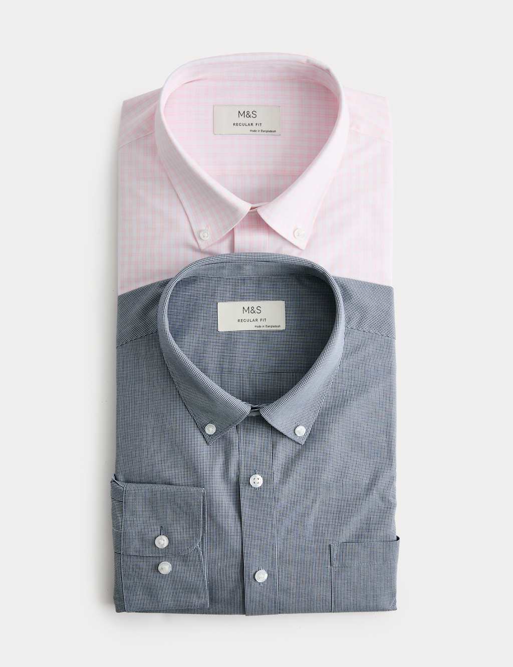 M&S Men's 2 Pack Regular Fit Easy Iron Check Shirts - 17 - Blue Mix
