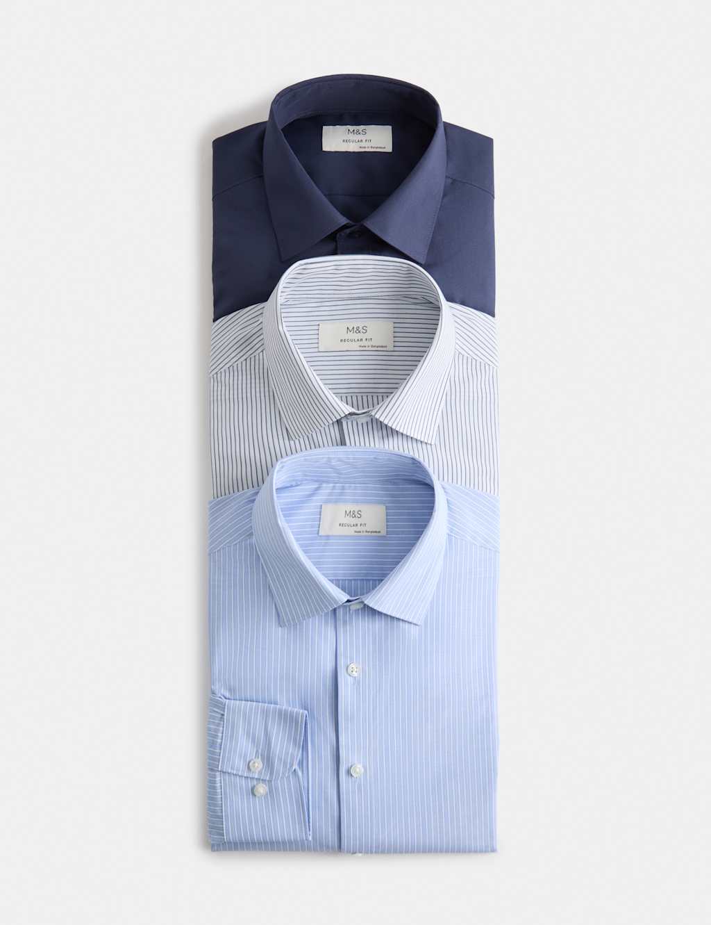 M&S Men's 3 Pack Regular Fit Long Sleeve Shirts - 17 - Blue Mix