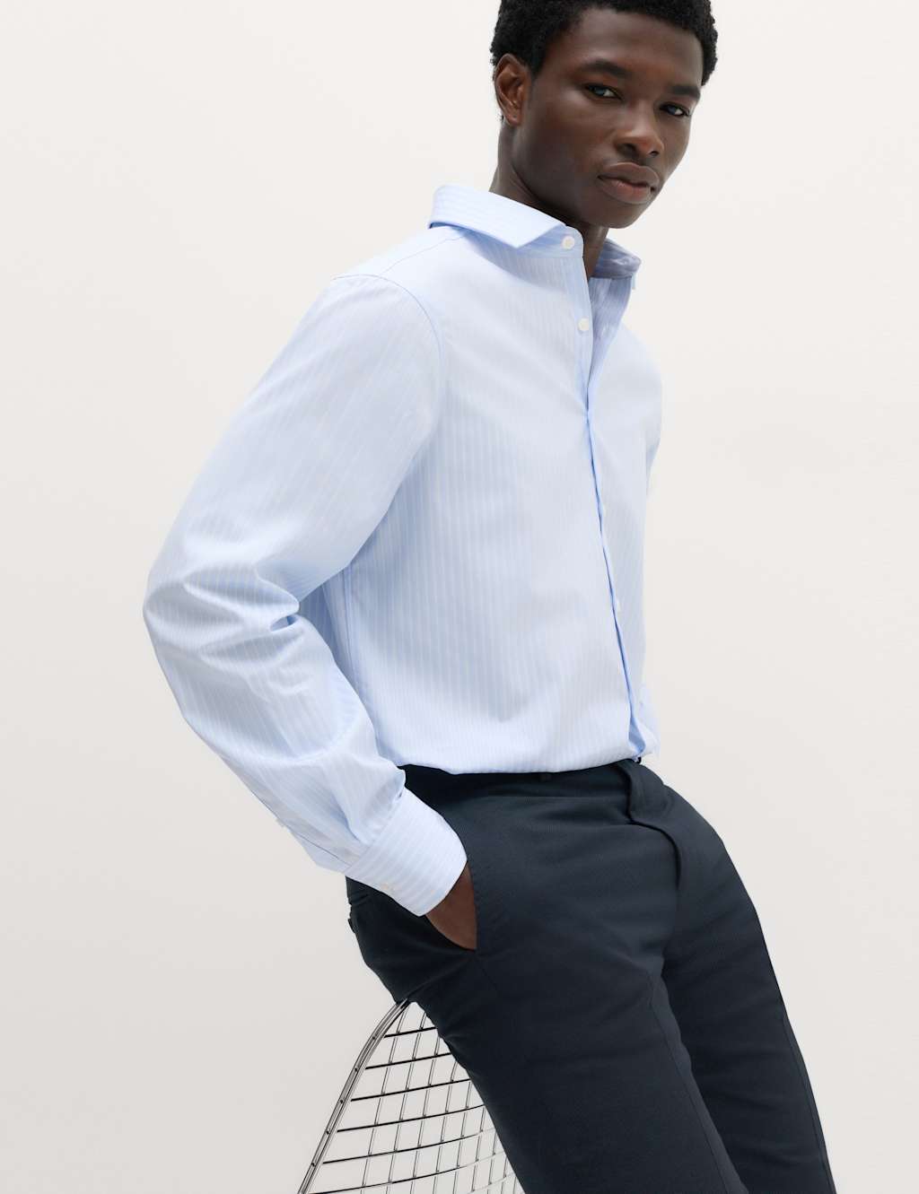 M&S Sartorial Men's Regular Fit Luxury Cotton Striped Shirt - 15½ - Blue Mix
