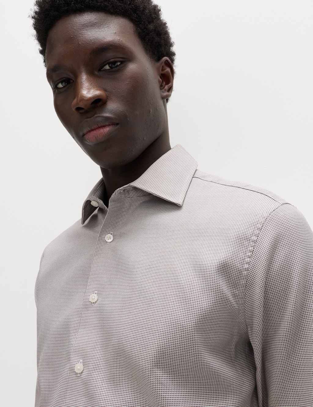M&S Sartorial Men's Luxury Cotton Easy Iron Slim Fit Textured Shirt - 18½ - Mocha
