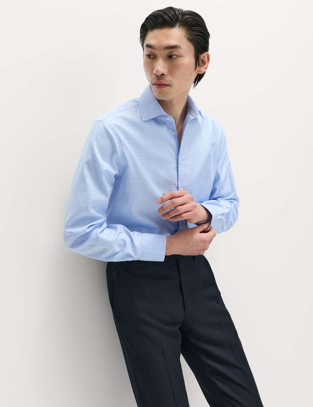 M&S Sartorial Men's Regular Fit Luxury Pure Cotton Check Shirt - 17½ - Blue Mix