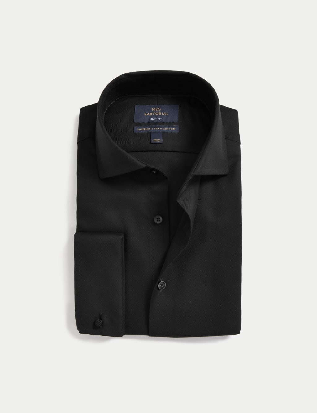 M&S Sartorial Men's Slim Fit Luxury Cotton Double Cuff Twill Shirt - 17 - Black