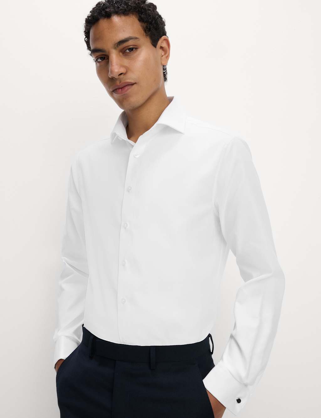 M&S Sartorial Men's Regular Fit 2 Inch Shorter Easy Iron Pure Cotton Shirt - 17½ - White