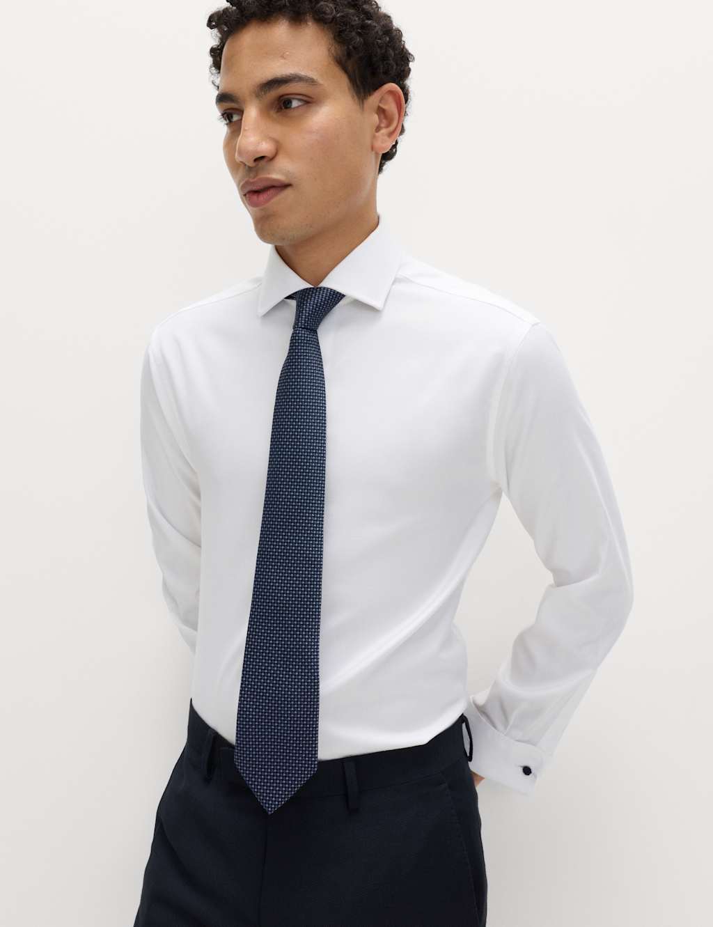 M&S Sartorial Men's Slim Fit 2 Inch Shorter Pure Cotton Textured Shirt - 14½ - White