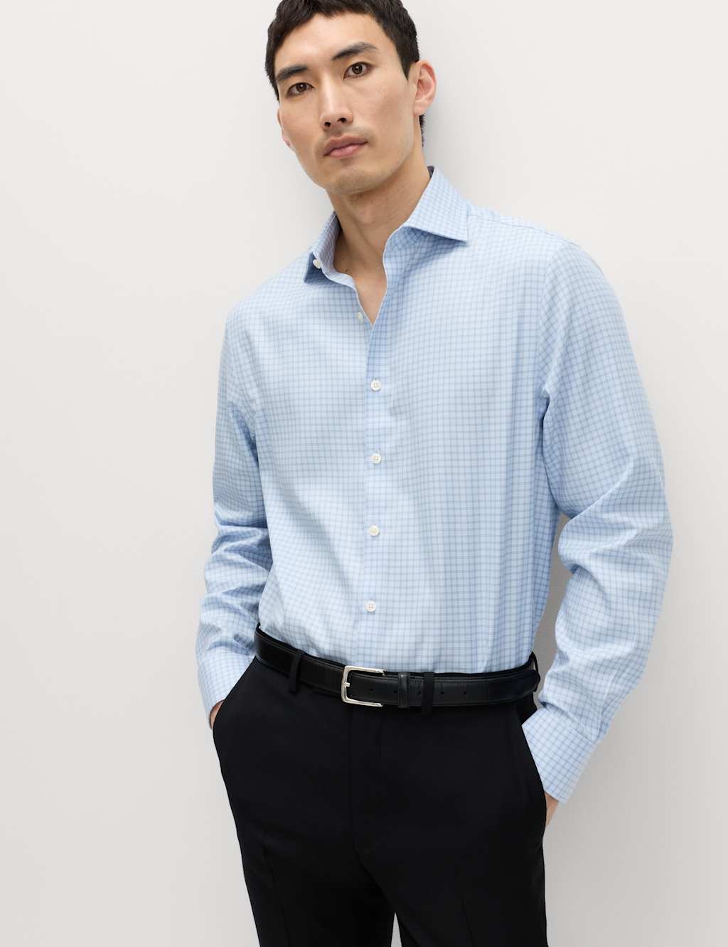 M&S Sartorial Men's Regular Fit Egyptian Cotton Check Shirt - 14½ - Blue Mix
