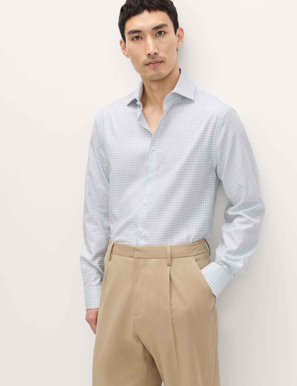 M&S Sartorial Men's Regular Fit Egyptian Cotton Check Shirt - 17½ - White Mix