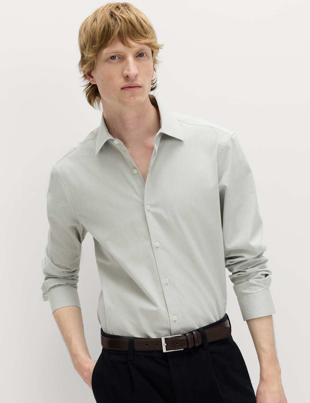 M&S Men's Regular Fit Pure Cotton Marl Shirt - 2XL - Green Mix