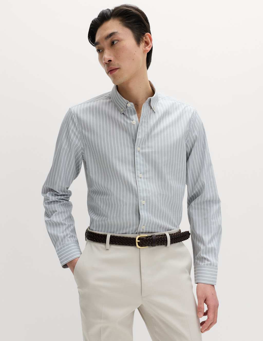 M&S Men's Regular Fit Pure Cotton Striped Shirt - S - Green Mix