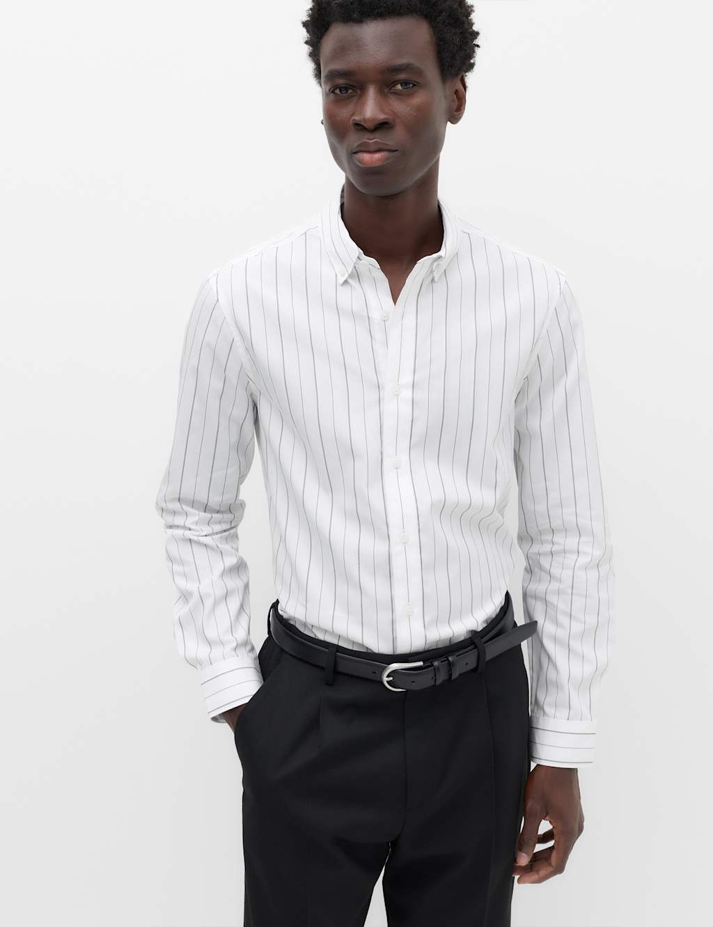 M&S Men's Regular Fit Pure Cotton Striped Shirt - 4XL - White Mix